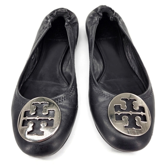 Tory Burch Reva Black Leather Silver-Tone Double-T Medallion Classic Ballet Flat - Picture 5 of 11